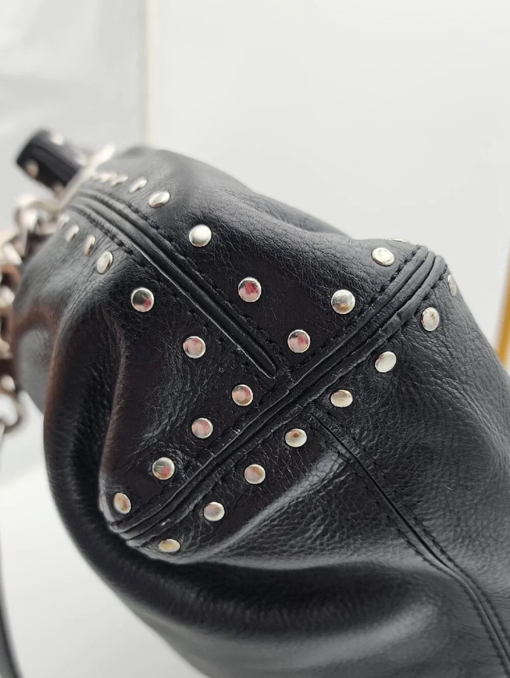 Michael Kors Uptown Astir Tortuga Black Leather Studded Chain-Accent Hobo